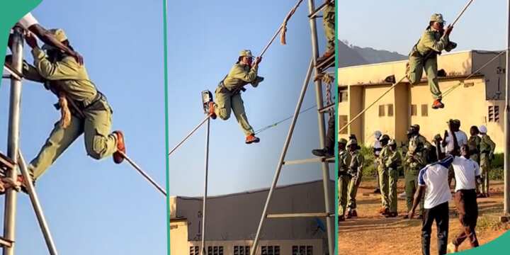 Lady Shares Video as She Climbs Rope During Man O' War Drills in NYSC Camp