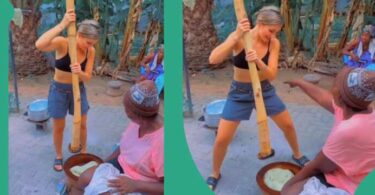 Video of Oyinbo Lady Pounding Yam With Energy Stirs Massive Reactions